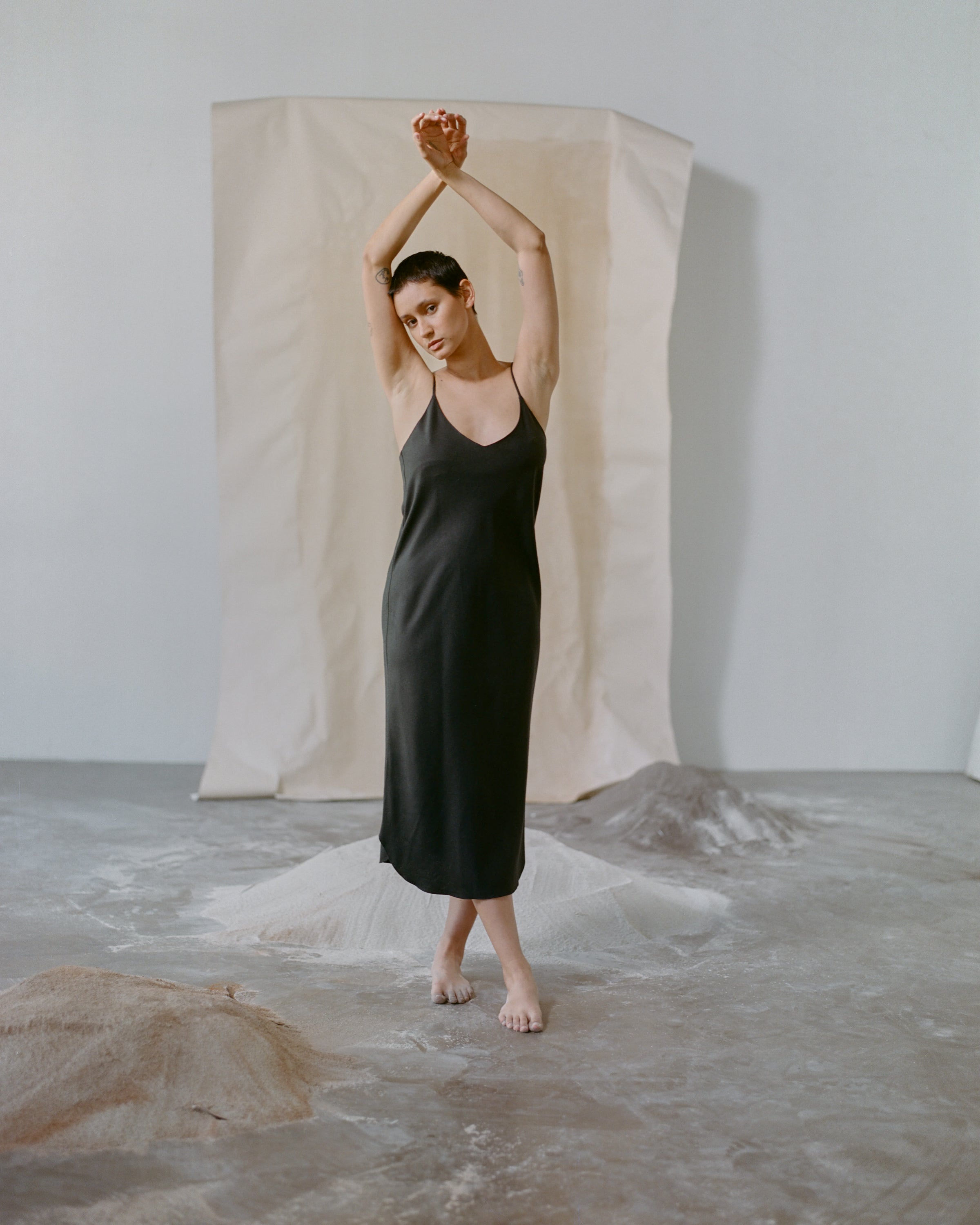 Bias Slip Dress, Regen Silk Noil, Black
